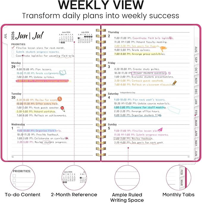 8.5" x 11" Academic Planner 2026-2027, Weekly & Monthly Calendar Planner Book, July 2026 – June 2027, Large Hardcover Organizer with Tabs, Perfect for Teachers, Students, Women & Men – A4, Hot Pink