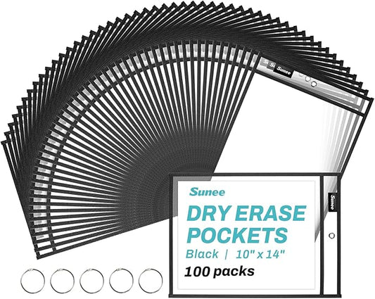 SUNEE 100 Packs Oversized Reusable Dry Erase Pocket Sleeves with 5 Rings, Black 10x14 Ticket Holders, Clear Plastic Sheet Protectors, Teacher School Classroom Supplies