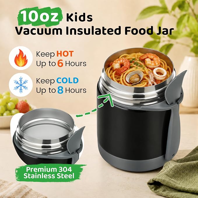 10oz Soup Thermo for Hot Food Kids Insulated Food Jar,Thermo Hot Food Lunch Container, Width Mouth Stainless Steel Lunch Box for Kids with Spoon (Black)