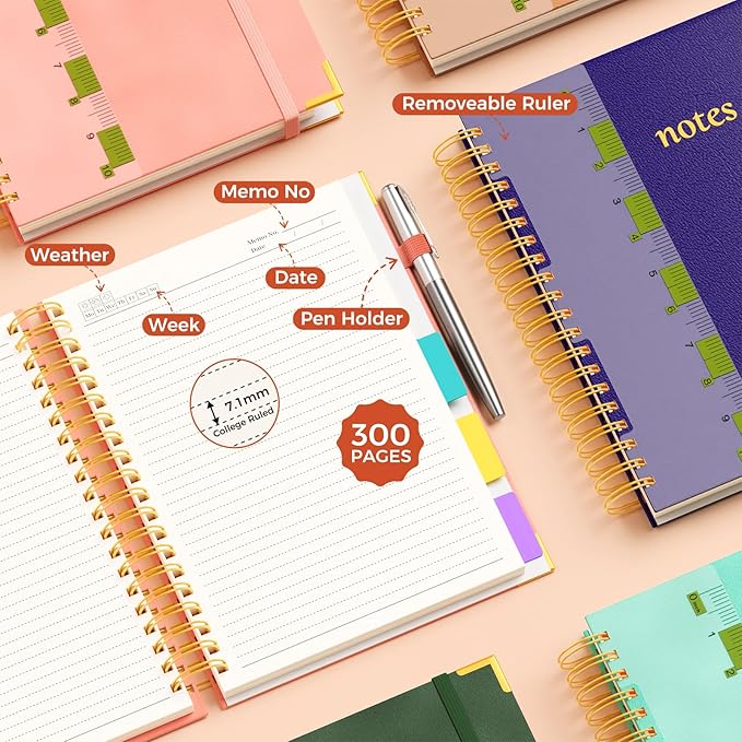 XYark A4 Hardcover Spiral Notebook, 8.5"x11" College Ruled Notebooks with Removable Dividers Tabs & Ruler, 5 Subject Notebook 300 Pages, Large Lined Journal for Women Men School Work Office, Purple