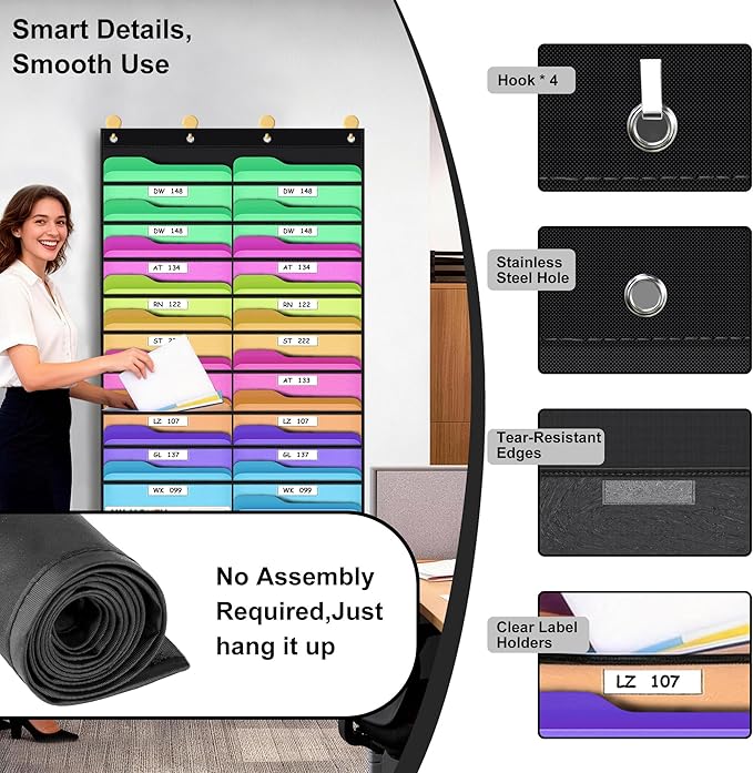 ABCxGOOD 20 Pockets Hanging Wall File Organizer, Transparent Clear Pockets Storage Chart with Over Door Hooks for Office, Classroom & Home, File Folder & Paper Organizer, Includes Labels (20 Pockets)