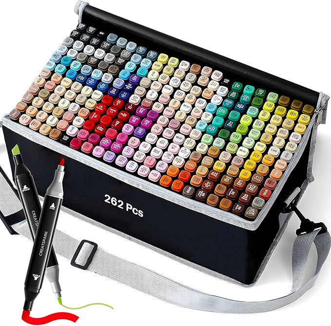 CREATSPARK Alcohol Markers 262 Colors with Base Dual Tip Art Drawing Markers for Anime Sketch Illustrations - Refillable