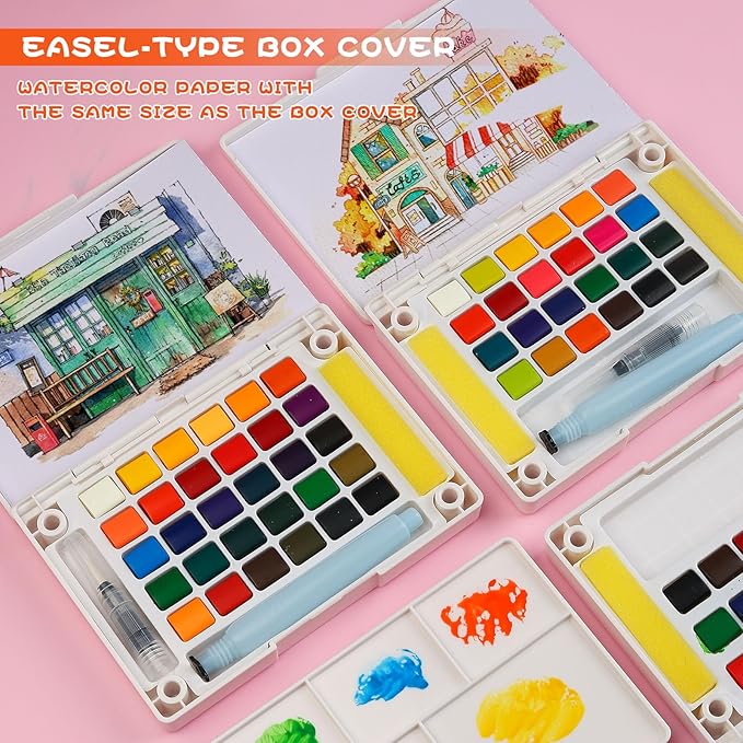 Portable Watercolor Paint Set - 30 Colors Travel Watercolor Kit with Water Brush, 24 Sheets Watercolor Paper, Online Tutorial - Compact Graspable Watercolor Painting Set for Beginners, Artists, Hobbyists, Outdoor Painting