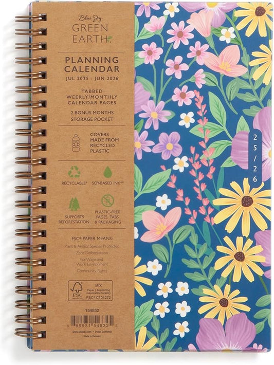 Blue Sky Sustainability 2025-2026 Weekly and Monthly Academic Year Planner Calendar, July 2025 - June 2026, 5" x 8", Flexible Cover From Recycled Plastic, Wirebound, Laminated Tabs, Storage Pocket, Gail