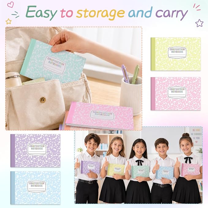 6 Pack Half Size Composition Notebooks Wide Ruled Marble Journal, Pastel