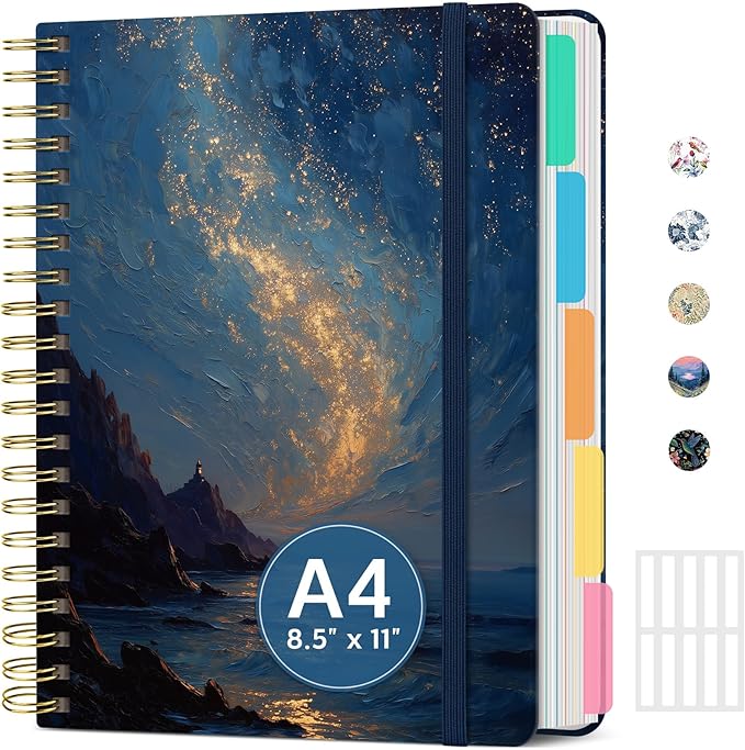 Large Lined Spiral Journal for Women Cute Hardcover 5 Subject Notebook for Work 8.5" x 11" with Removable Dividers & Tabs, College Ruled, 280 Pages Aesthetic Journal for Work, School & Note Taking, Golden Tide