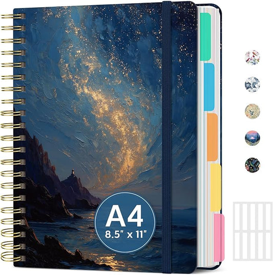 Large Lined Spiral Journal for Women Cute Hardcover 5 Subject Notebook for Work 8.5" x 11" with Removable Dividers & Tabs, College Ruled, 280 Pages Aesthetic Journal for Work, School & Note Taking, Golden Tide