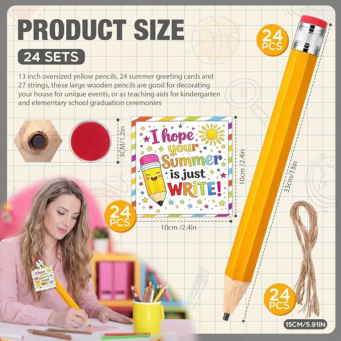 24 Sets End of the Year Student Gifts 13 Inch Big Wooden Jumbo Pencils Set of Giant Pencil Prop with Summer Greeting Card Large Pencils with Cap Preschool Kindergarten Graduation Gift