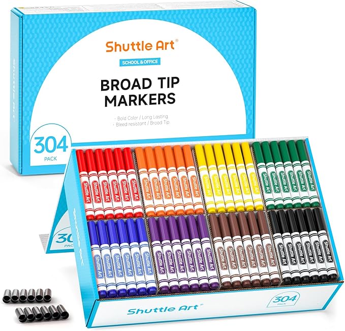 Shuttle Art 304 Pack Washable Markers, 16 Assorted Colors Broad Line Conical Tip Large Markers Bulk with a Box, Bonus Caps, Home Classroom School Supplies for Toddlers Kids Adults Students Teachers