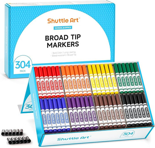 Shuttle Art 304 Pack Washable Markers, 16 Assorted Colors Broad Line Conical Tip Large Markers Bulk with a Box, Bonus Caps, Home Classroom School Supplies for Toddlers Kids Adults Students Teachers