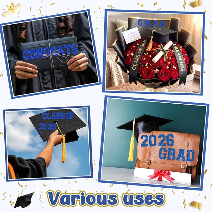 Blue 175 Pcs Graduation Photo Display Board Sticker Glitter Border Trim Alphabet Letter Number for 2026 Grad Party Trifold Poster Photo Display Event Displays Bulletin Board
