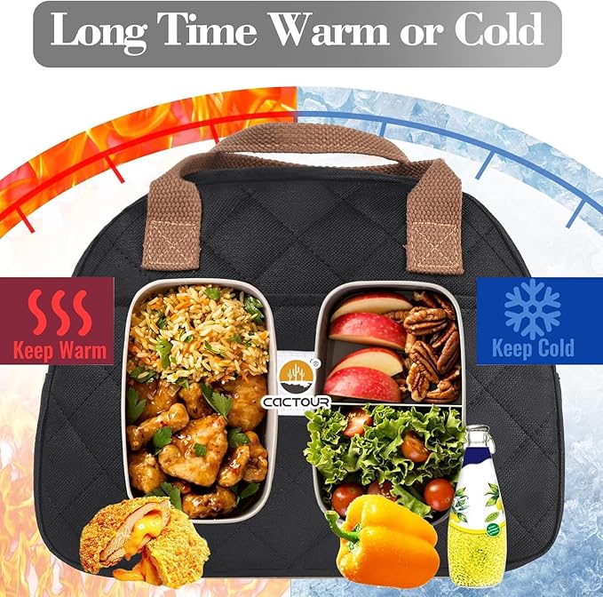 CaCTOUR Lunch Bag Women,Insulated Quilted Lunch Bag, Small Portable Cute Lunch Box,Cooler Bag Reusable Lunch Tote for Work/Travel/Picnic (Black)