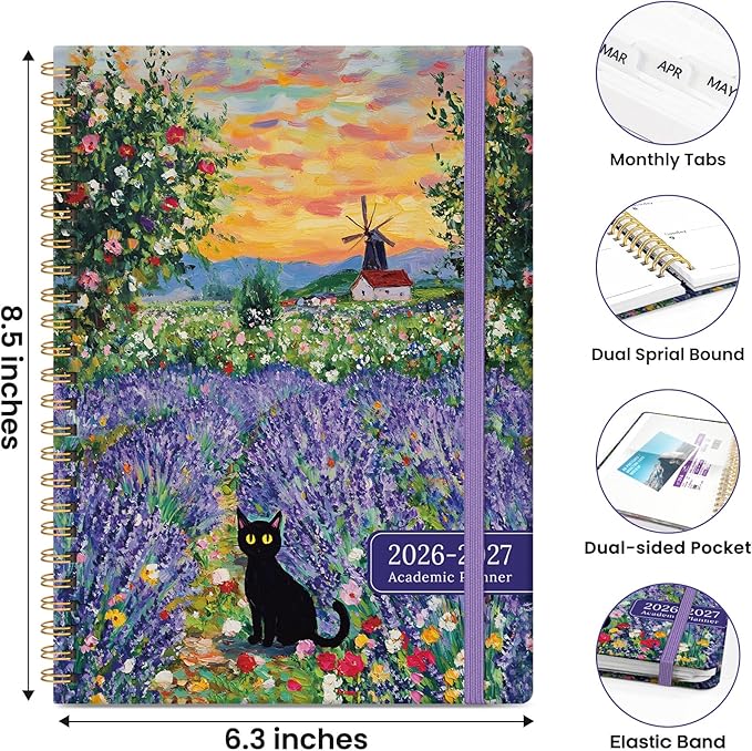 Planner 2026-2027, Monthly and Weekly Academic Planner July 2026 - June 2027, Hardcover Student Teacher Planning Agenda Calendar Book with Tabs, Perfect for Office School Supplies, A5 (6.3" x 8.5") - Lavender Dusk
