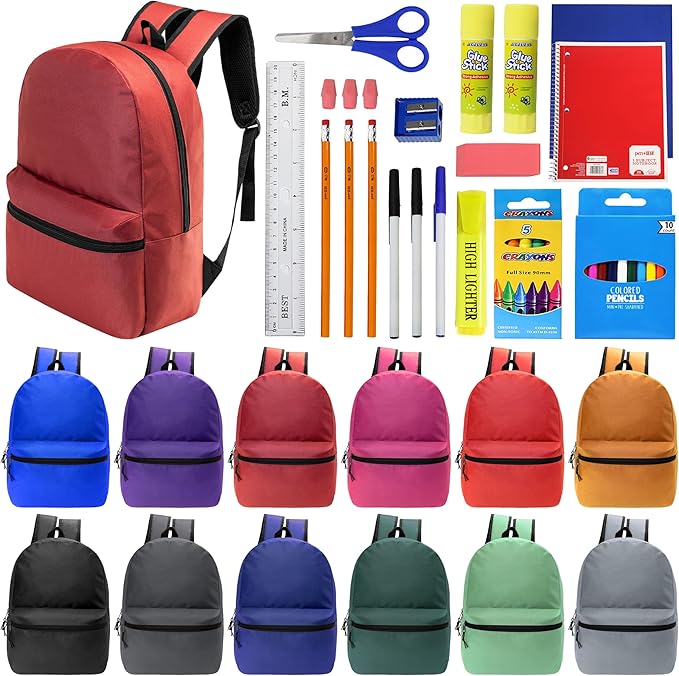 Moda West 17 Inch Bulk Backpacks with 34 Piece School Supplies Kits - Pens, Pencils, Crayons - Case of 12 Wholesale Backpacks in 12 Assorted Colors