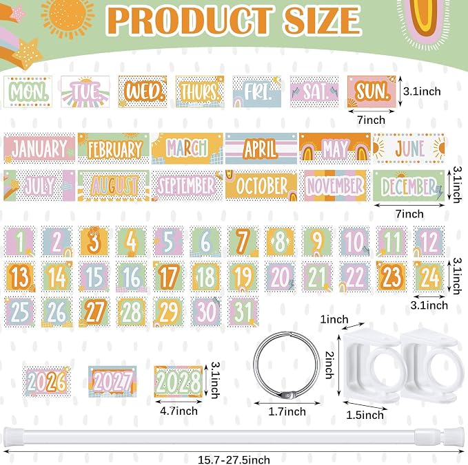 TecUnite Retro Pastel Flip Calendar Bulletin Board Decor Set Sunshine Calendar Holder Includes 54 Cards 2026-2029 Year and Adjustable Rod for Classroom Kindergarten and Elementary Teacher Supplies