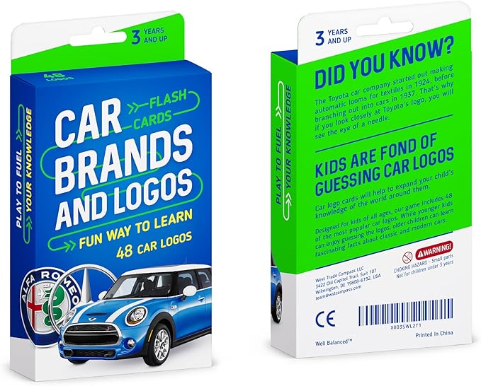Car Brands and Logos - Flash Cards for Kids Ages 4-8, Flash Cards for Toddlers 2-4 Years - Ideal Small Gift for Boy