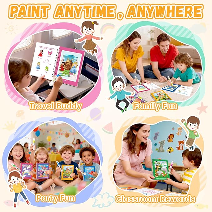 6P Water-Reveal Coloring Book for Toddlers–Mess Free Reusable Water Painting Pad with Pen,6 Fun Themes for Boys & Girls,Travel Activities,Party Favors,Holiday & Birthday Gifts for Kids Ages 3+