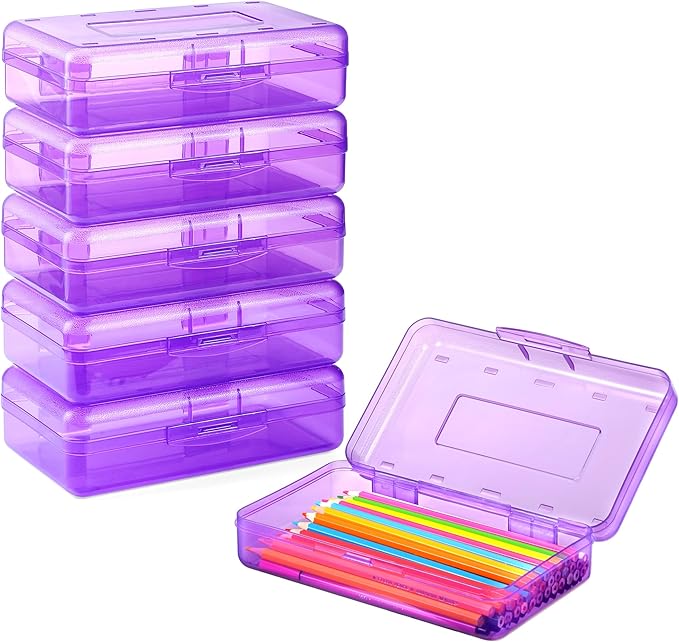 Sooez Plastic Pencil Case Box 6 Pack, Colored Large Craft Storage Bulk, Plastic Containers with Snap-tight Lids, Hobby Art School Supply 0rganizer, Marker Bead Pen Bins Organizer,Stackable