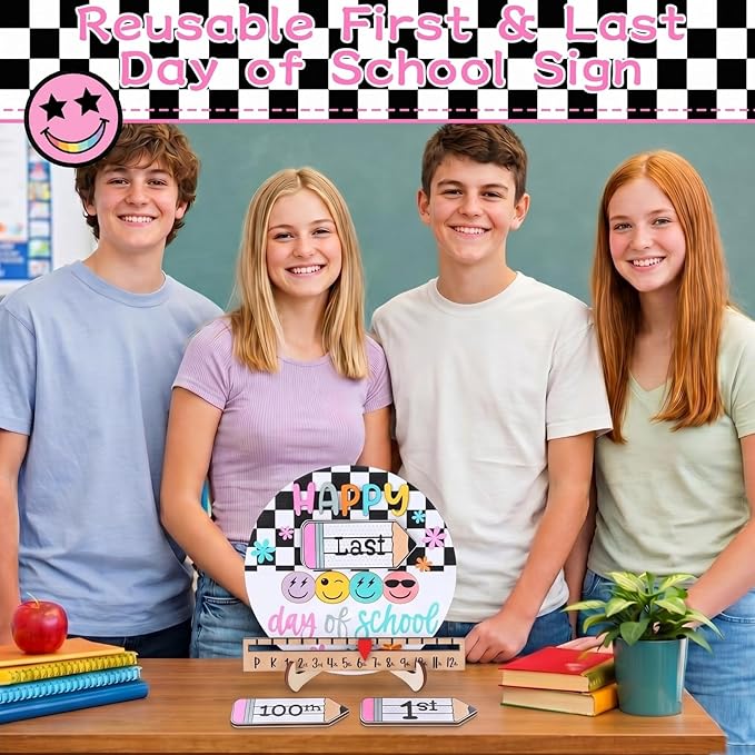 Kosiz First and Last Day of School Sign Black White Checkered Back to School Board Gifts Round Wooden First Day of Prek Sign Reusable Dry Erase 8''