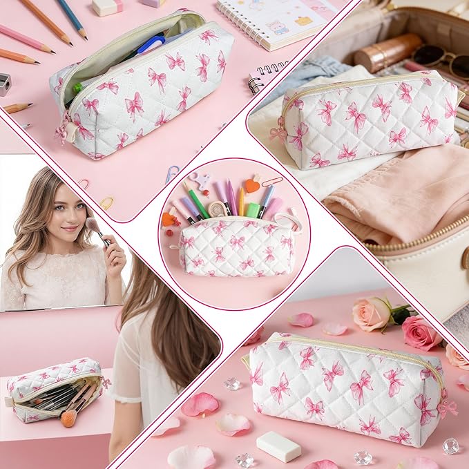 Cute Quilted Pencil Case for Girls Women, Aesthetic Small Floral Pencil Pouch,Slim Soft Pencil Bag for School Supplies Makeup Pouch for School & Daily Use (Tiny Pink Bow)