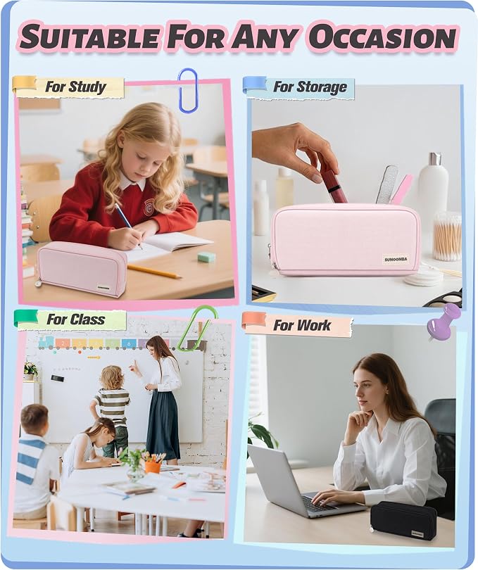 FAHZON Cute Pencil Case, 3 Large Compartments Pencil Pouch, Elastic Pen Slots&Mesh Pockets for Stationery, Pencil Bag for School Supplies with Zipper for Girls Boy Women Teens Adults-Pink