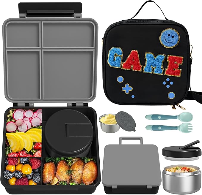 Aimsnk Kids Bento Lunch Box with 8oz Soup Thermo, Kids Leakproof Lunch Food Containers with 4 Compartment,Insulated Hot Food Jar with Lunch Bag for School, Travel (Black)