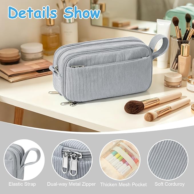 BuyCard Grey Corduroy Pencil Case, Large Capacity Zipper Pouch, Gray, Casual Style, Supplies Organizer for Teen Girls and Boys