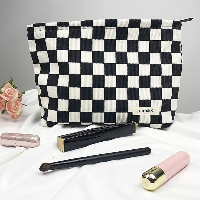 GUTGNK Women's Cosmetic Bag, Corduroy Checkerboard Travel Cosmetic Bag Small Cosmetic Bag Skin Care Cosmetic Changing Handy Bag Zipper Organizer