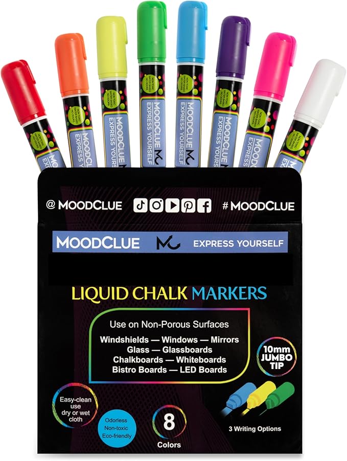 10mm JUMBO Tip Liquid Chalk Drawing Markers for Car Windows, Auto Windshields, Mirrors, White Boards, Retail + Restaurant Signs. Erasable Chalk Markers – Washable – Neon 8pck - 3 writing options