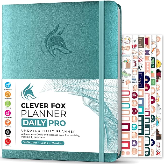 Clever Fox Planner Daily PRO - 8.5 x 11" A4 Size Daily Life Planner and Gratitude Journal to Increase Productivity, Time Management and Hit Your Goals - Undated - Lasts 3 Months (Aquamarine)