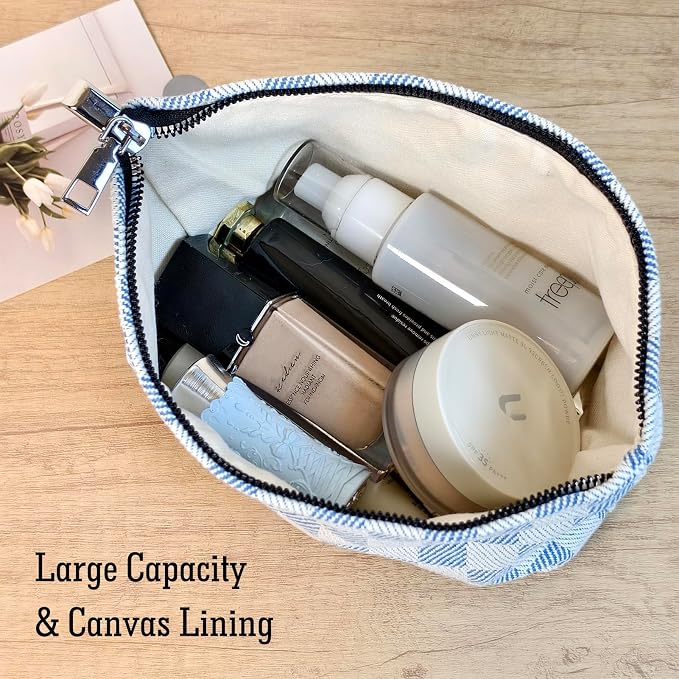 STARDW Checkered Makeup Bag Cosmetic Travel Bag, Toiletry Bag for Women | Canvas Lined Makeup Pouch for Skincare, Brushes, Toiletries & Travel Essentials, Cute Purse Organizer Pouches with Zipper