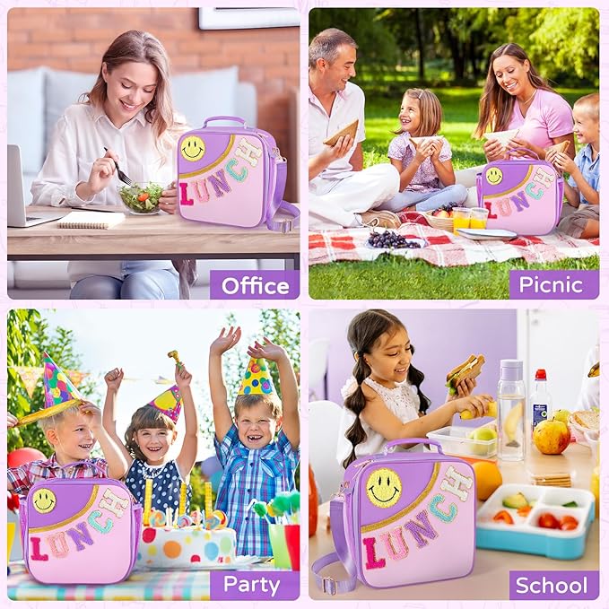 Nsrzua Lunch Bag Kids,Insulated Lunch Bag With Adjustable Shoulder Strap,Reusable Lunch Bag for Kids, Girls,Boys, lunch Bag Women,Preppy Lunch Box for School,Travel, Picnic (purple)