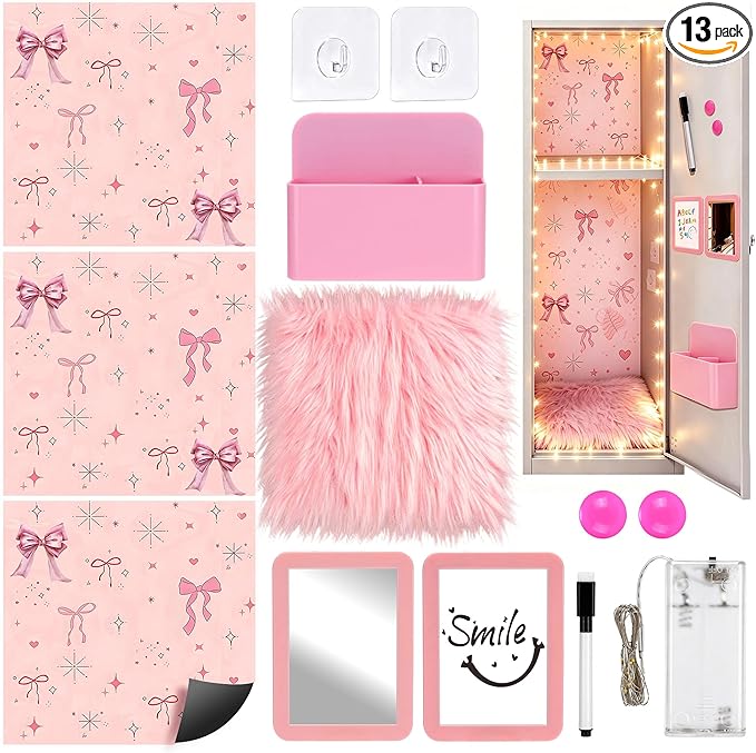 Elfcool 13 Pcs Locker Accessories Kit, Locker Decorations for Girls Boys Magnetic Pen Holder, Mirror, Whiteboard, Wallpaper, Magnets, Plush Rug, String Light, Back to School Essentials (Pink Bow)