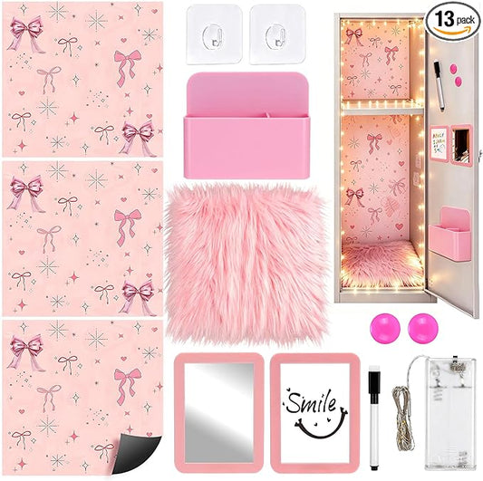Elfcool 13 Pcs Locker Accessories Kit, Locker Decorations for Girls Boys Magnetic Pen Holder, Mirror, Whiteboard, Wallpaper, Magnets, Plush Rug, String Light, Back to School Essentials (Pink Bow)