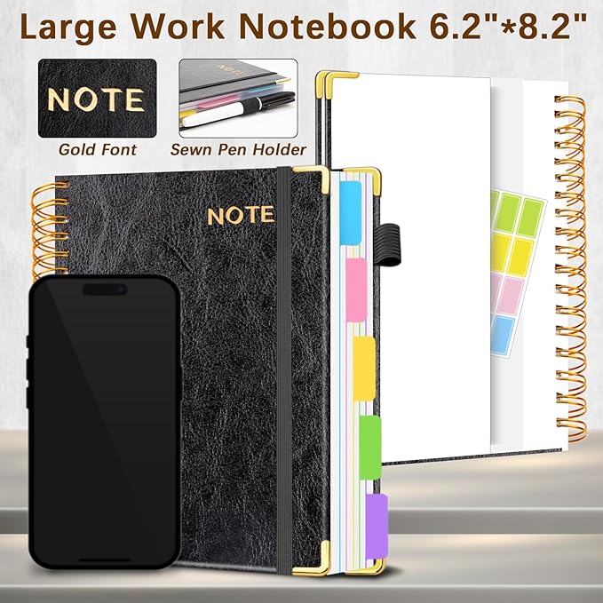 Hardcover Spiral Notebooks for Work 6.2"x 8.2", 300 Pages 5 Subject Notebook with Dividers & Tabs, A5 Spiral Journal for Women, College Ruled Notebook for School Note-Taking (Black)