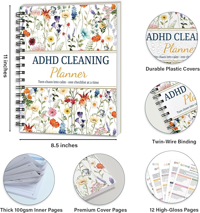 ADHD Cleaning Planner - Daily, Weekly & Monthly Cleaning Checklist Organizer for Adults & Teens, Break Chores Into Small Wins, Glossy Erase Checklists - Planning Pages (version 2)