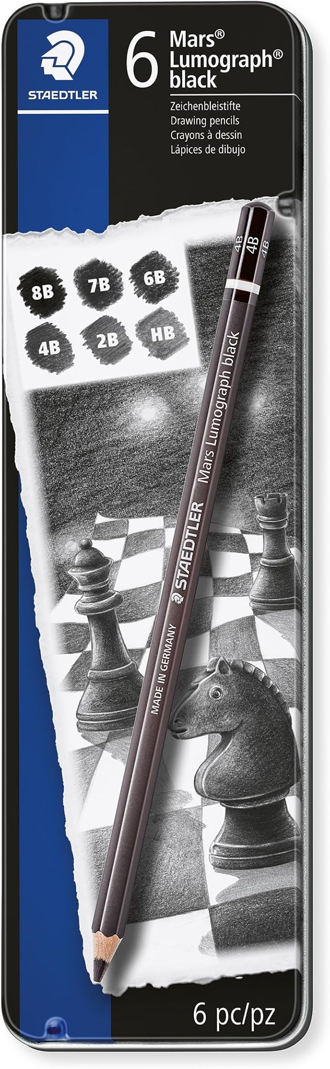 STAEDTLER Mars Lumograph Black Drawing Pencils Set: 6 Pack – Carbon Blend for Deep Black Tones, Professional Artists Pencils, 8B–HB Grades, Storage Tin, For Sketching, Shading & Fine Art Drawing