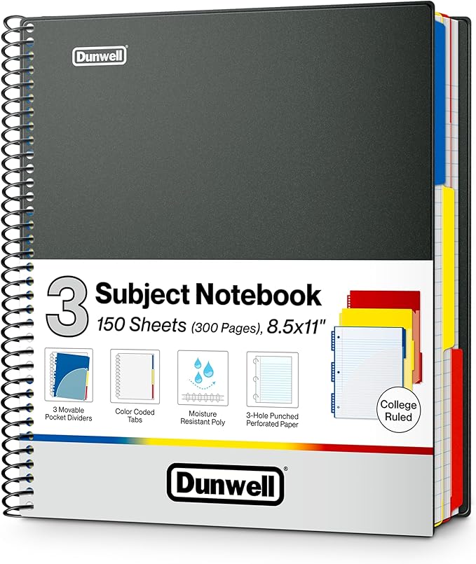 Dunwell 3-Subject Notebook College Ruled 8.5 x 11 (Black), 150 Sheets (300 Pages), Spiral Notebook 8.5x11 with Tabs, Movable Dividers, Storage Pockets, Protective Plastic Covers