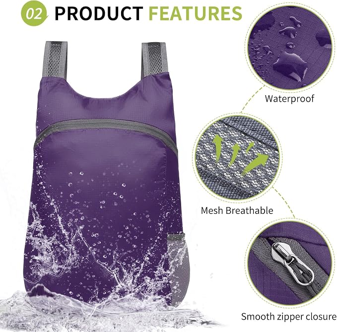 Ultra Lightweight Hiking-Daypack,Foldable Travel Packable Backpack | 20L Foldable Bag for Camping Cycling Outdoor,Day Pack for Men Women,Purple