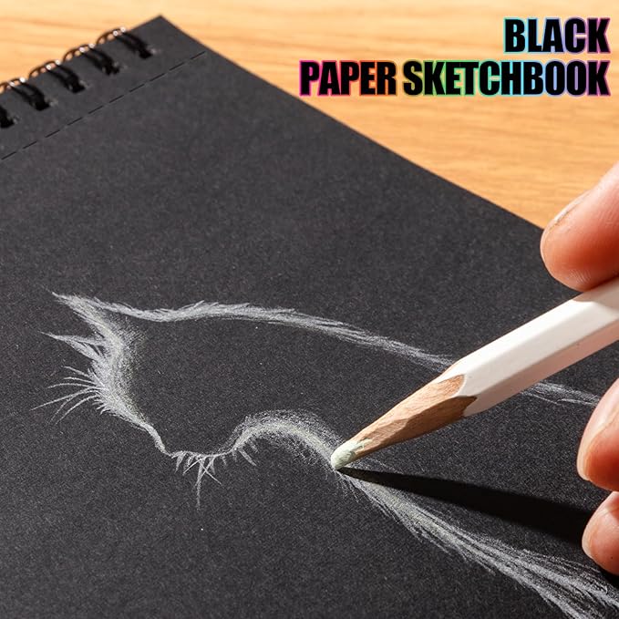 30 Sheets Black Paper Sketchbook, 98lb/160gsm Heavyweight Black Sketch Pad 5.5×8.5in, Acid-Free Drawing Paper, Spiral Bound Sketch Book for Kids, Teens, Artist