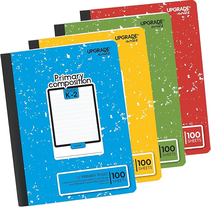 Primary Composition Grades K-2, Full-page 1/2" Primary Ruled, 100 Sheets Notebook Size 9.75 x 7.5, Marble Colors, 4-Pack