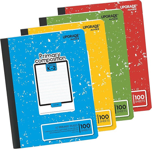Primary Composition Grades K-2, Full-page 1/2" Primary Ruled, 100 Sheets Notebook Size 9.75 x 7.5, Marble Colors, 4-Pack