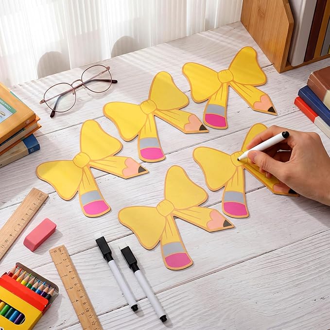 Crtiin 42 Pcs Back to School Bow Magnetic Name Tags Set for Lockers 4 Inch Pencil Design Bow Dry Erase Label Magnetic Reusable Name Tags for First Day of School Whiteboard Classroom Decor Party Supply