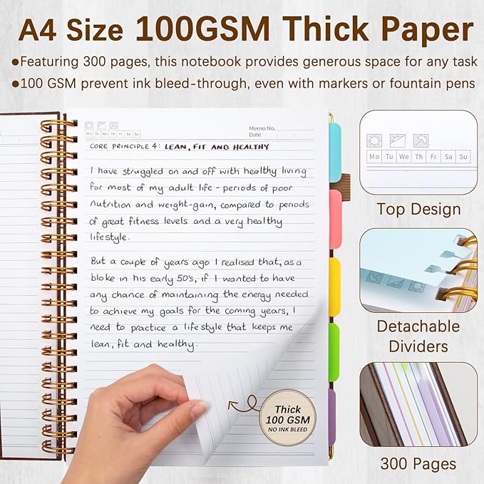 Hardcover Spiral Notebooks for Work 8.5''x 11'', 300 Pages 5 Subject Notebook with Dividers & Tabs, A4 Spiral Journal for Women, College Ruled Notebooks for School Note-Taking (Dark Brown)