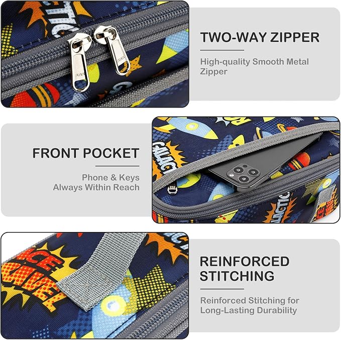 FlowFly Kids Lunch box Insulated Soft Bag Mini Cooler Back to School Thermal Meal Tote Kit for Girls, Boys, Outer Space Rocket Ships in Dark Navy Blue