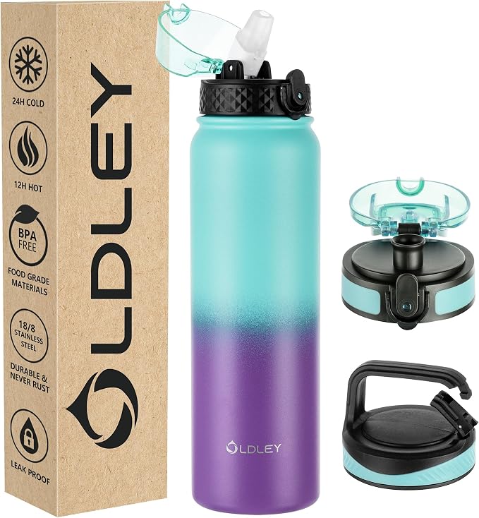 Oldley Insulated 32 oz Stainless Steel Water Bottle with Straw Lid & Chug Lid, Double Wall Vacuum Wide Mouth Sweat/Leak-Proof for Sports, Gym, Travel, Camping (Green-Purple)