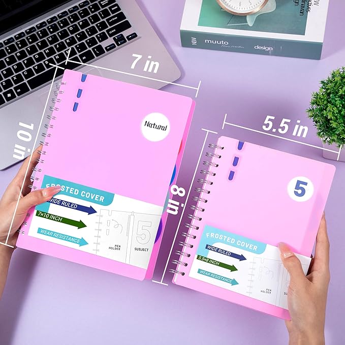 FLYING EAGLE Hardcover Spiral Notebooks 7" X 10" Note Taking 5 Subject Notebook Wide Ruled with Dividers, 204 Pages Lined Spiral Journal Notebook for Work Writing, Pink B5