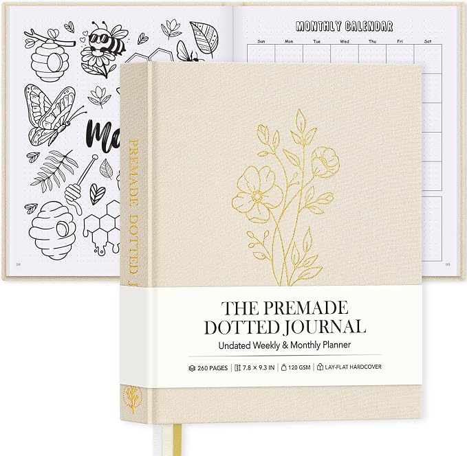 Everloria Premade Dotted Journal, 12 Months Pre-made Templates Bullet Notebook, 260 Hand-Drawn Coloring Pages, Undated Weekly & Monthly Planner, 7.8"x9.3" Linen Dot Grid Habit Mood Tracker, Beige