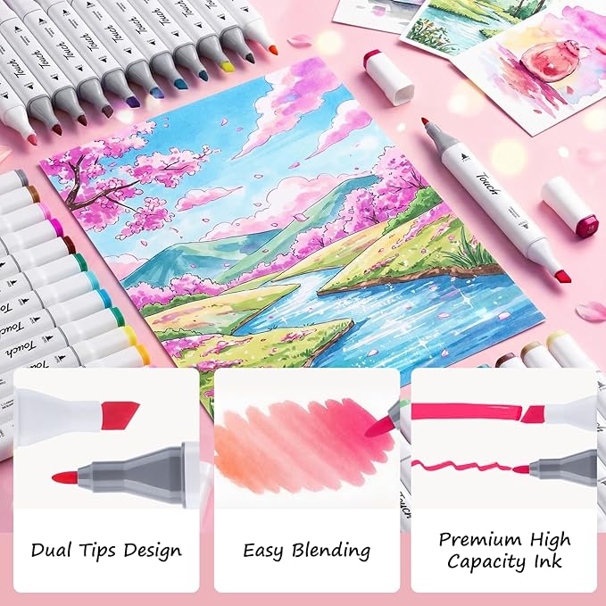 Alcohol Markers Set, 48 Colors Dual Brush Tip Art Coloring Markers for Adult Drawing, Permanent Alcohol Based Colored Sketch Pens Art Supplies Gifts for Illustration