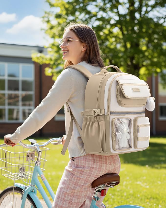 LOVEVOOK School Backpack for Girls, Cute Bookbag for Teen 8-16, DIY Friendly 15.6" Laptop Backpack for Middle High College Student Back to School, Bag with Water Bottle Pocket for Travel, Khaki